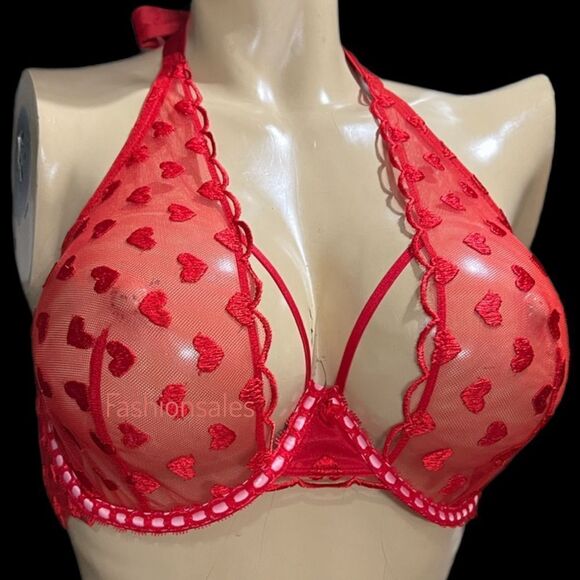 Victoria’s Secret Dream Angels Heart Embroidered Mesh Halter unlined Bra Red XL - Picture 4 of 9